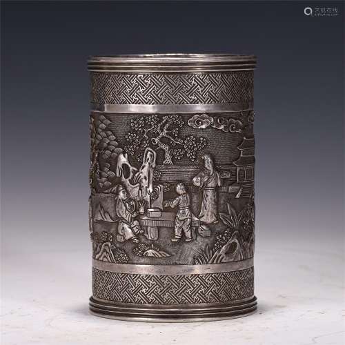 A SILVER CARVED FIGURES STORY BRUSH POT