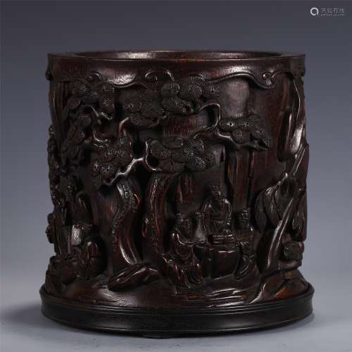 A CHENXIANG WOOD CARVED FIGURAL BRUSH POT