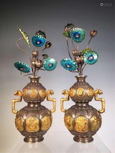 TWO CHINESE GILT SILVER BLUING DOUBLE-GOURDS VASES