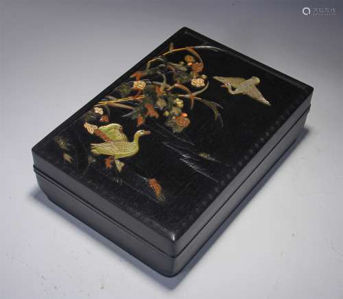 A HARD-STONES INLAID HARDWOOD BOX AND COVER