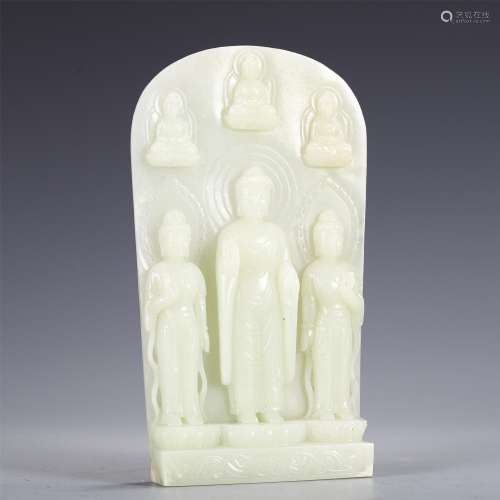 A JADE PANEL CARVED WITH BUDDHAS