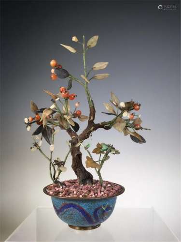 A CHINESE CLOISONNE AND JADE FLOWERS POTTED LANDSCAPE
