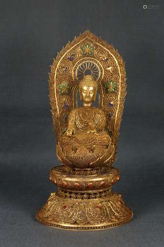 A GILDING SILVER WIRES INLAID SEATED SAKYAMUNI