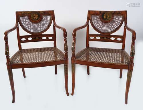 PAIR OF SHERATON SATINWOOD & PAINTED SALON CH…