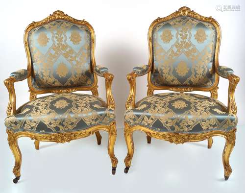 PAIR 19TH-CENTURY LOUIS XV STYLE GILT ARMCHAIRS