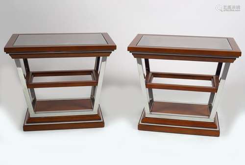 PAIR DESIGNER CHROME AND HARDWOOD LAMP TABLES