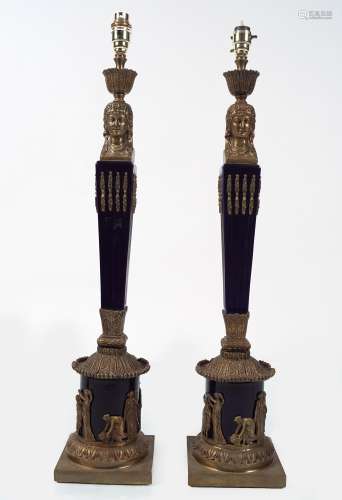 PAIR OF BRASS AND CERAMIC STEMMED TABLE LAMPS