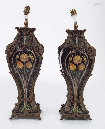 PAIR OF BRASS AND POLYCHROME TABLE LAMPS