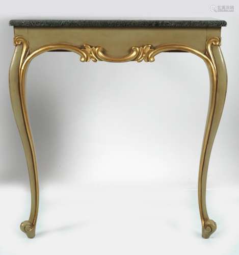 PAIR OF PAINTED AND PARCEL GILT CONSOLE TABLES