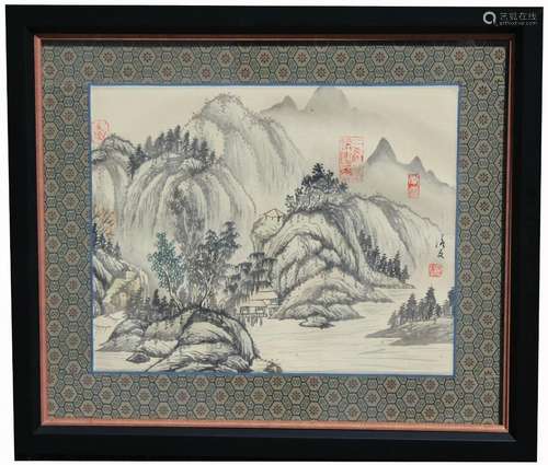 Chinese School Landscape Watercolor, Signed