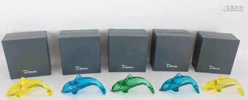 (5) Daum France Colored Dolphins in Original Boxes