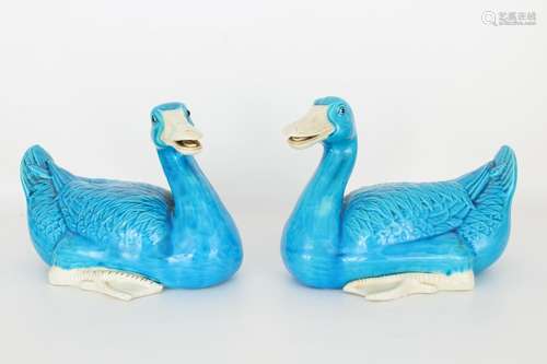 Pair of Blue/White Glazed Seated Ducks