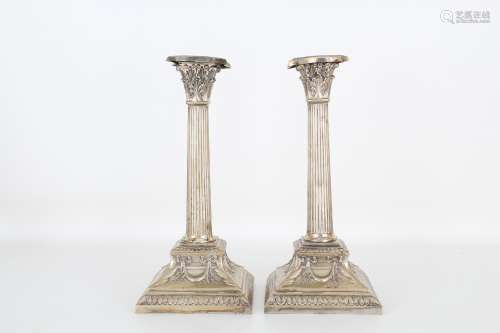 Pair, .800 Silver Corinthian Column Candlesticks
