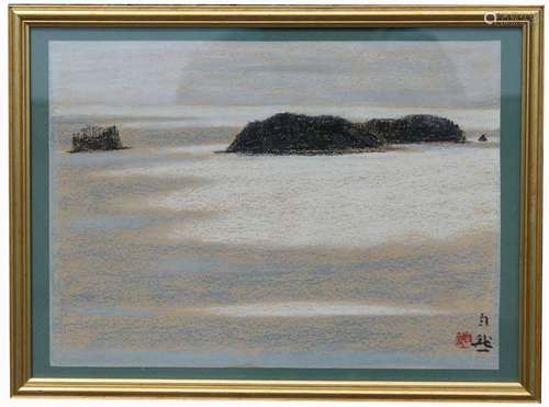 Japanese Pastel Painting Depicting a Seascape