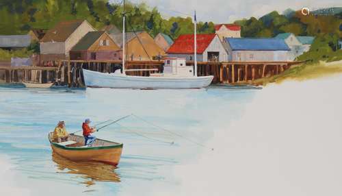 Skip Whitcomb (B. 1946) Fishing from a Boat W/C