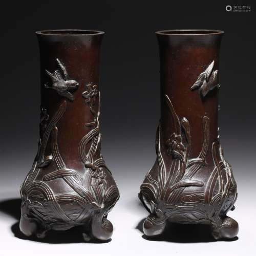 Pair of Antique Japanese Bronze Tripod Vases