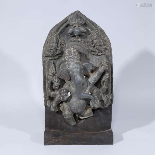 Heavy Antique Indian Ganesh Stone Wall Carving