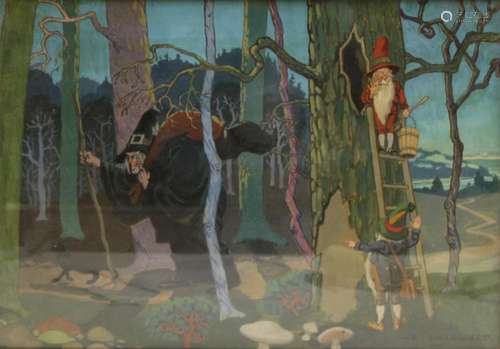 B Cory Kilvert Gouache on Board Fairytale Scene.