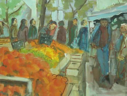 Pierre Poli Signed Gouache on Paper Market Scene.