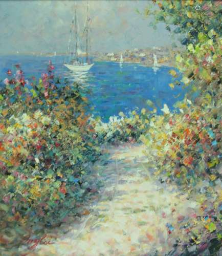 Signed Rengler? Oil on Canvas Garden and Boat