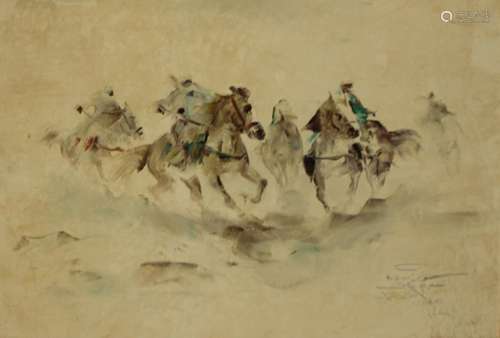 Illegibly Signed Oil on Canvas Men on Horses.