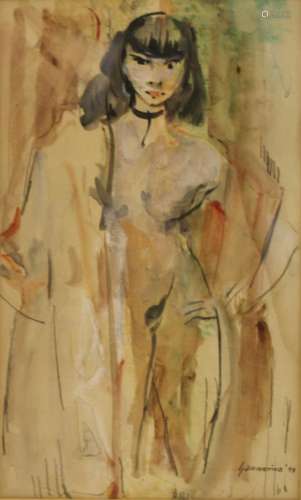 Illegibly Signed Watercolor on Paper Female Figure