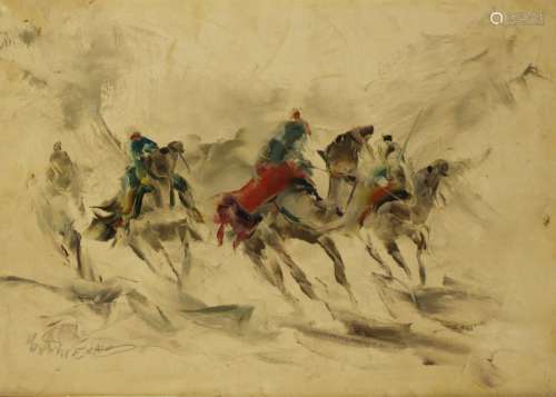Illegibly Signed Oil on Canvas Men on Camels.