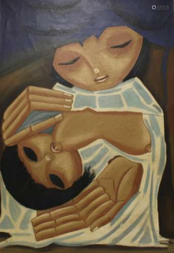 Signed Oil On Canvas Woman Breast Feeding.