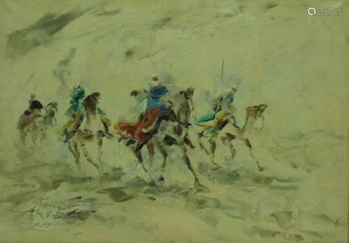 Illegibly Signed Oil on Canvas Men on Camels.