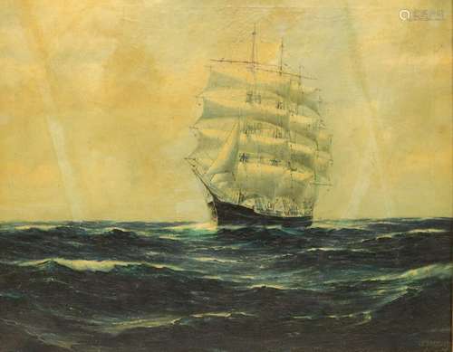 F Schneider Signed Oil on Canvas Ship at Sea.