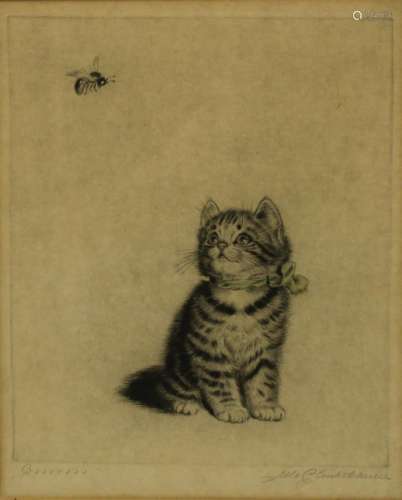 Illegibly TItled and Signed Cat and Bee Etching.