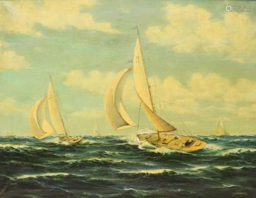 F Schneider Signed Oil on Canvas Racing Yachts.