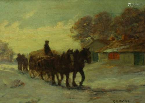 R.A. Walker Signed Oil on Canvas Man with Horses.