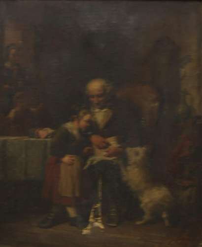 Oil On Canvas Of Man, Child & Dog As / Is