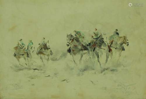 Illegibly Signed Oil on Canvas Men on Horseback.