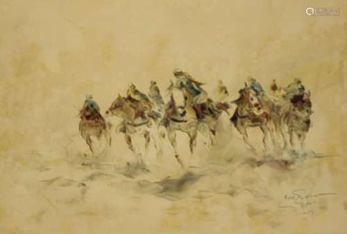 Illegibly Signed Oil on Canvas Men on Horses.