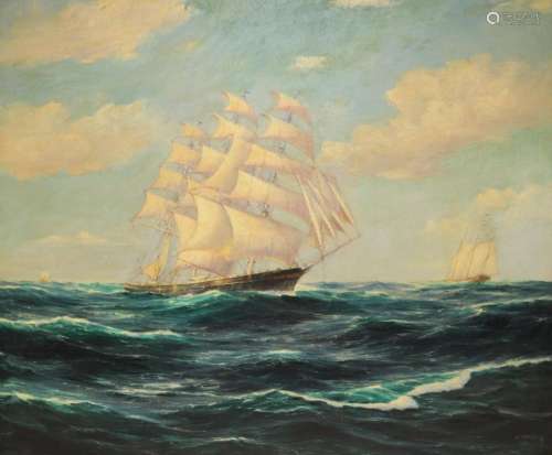 F Schneider Signed Oil on Canvas Ship at Sea.