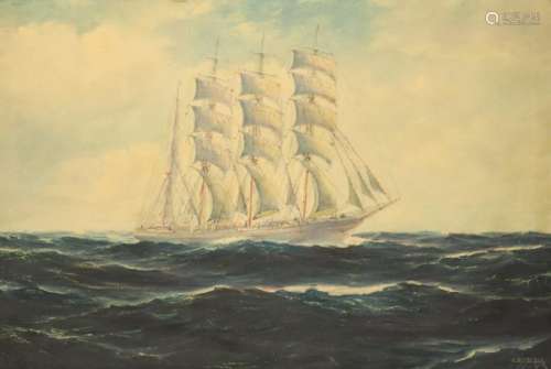 F Schneider Signed Oil on Canvas Ship at Sea.