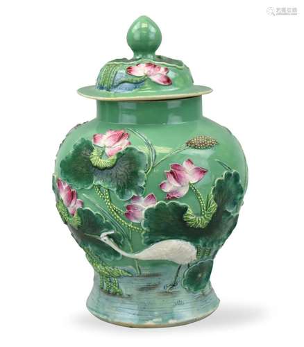 Chinese Crane & Lotus Jar with Lid, ROC Period