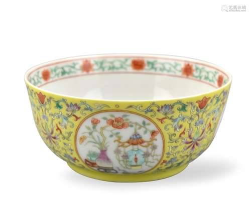 Chinese Yellow Ground Famille Rose Bowl