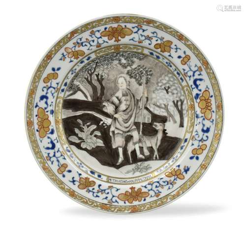 Chinese Export Gilt Grisaille Hunting Plate,18th C