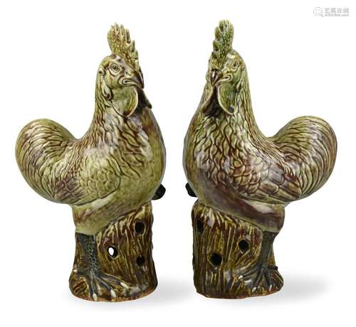 Pair of Chinese Flambe Roosters, 19th C.