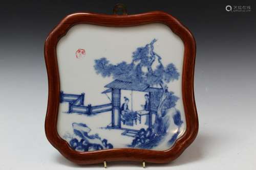 Framed Chinese Blue and White Porcelain Plaque