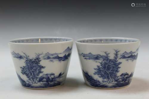 Pair of Chinese Blue and White Porcelain Cups