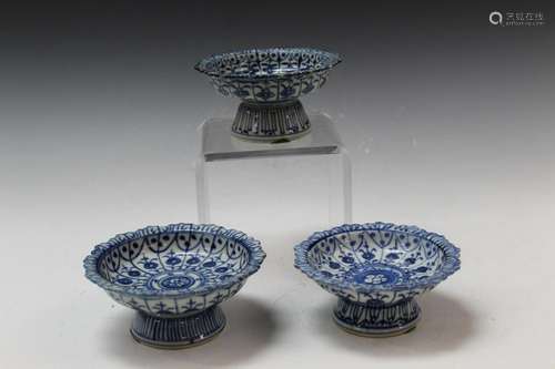 Three Chinese Blue and White Stem Dishes