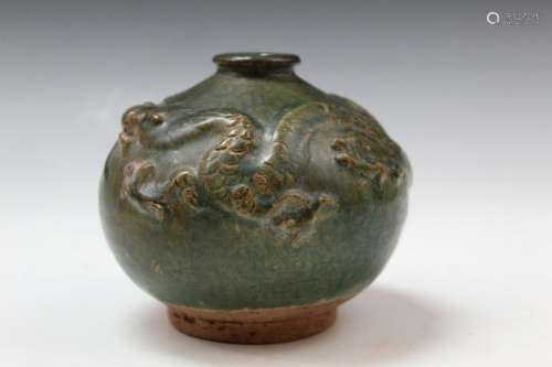 Chinese Green Glazed Pottery Vase with Dragon Design