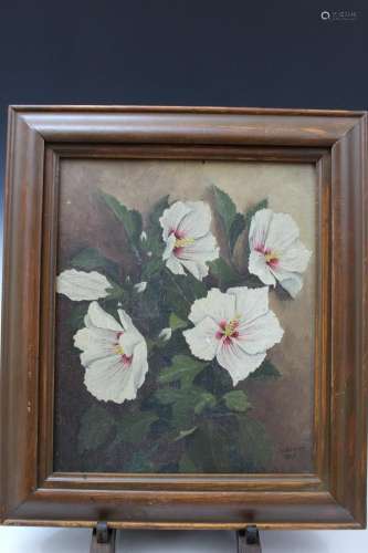 Framed Oil painting on board of Hibiscus Flowers by G.