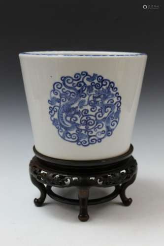 Chinese Blue and White Porcelain Planter with Wooden