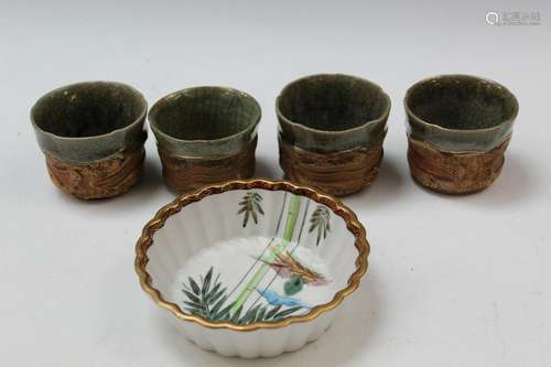 Four Teacups, One Japanese Bowl