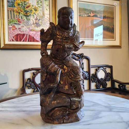 Chinese carved wood statue of Guanyu. H 36 cm.